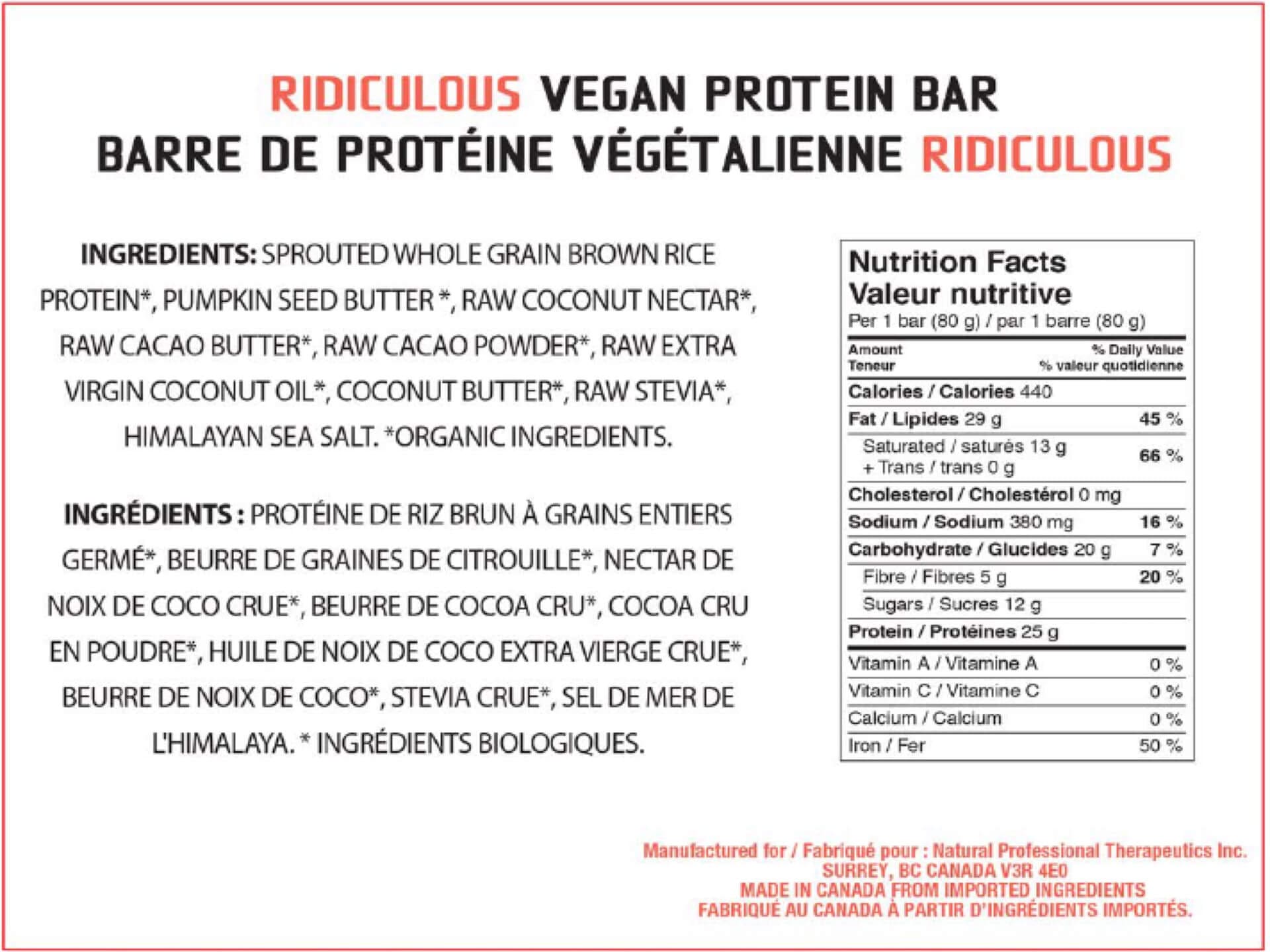 Ridiculous Protein Bar 80g each (BOX of 12) HIGH Protein LOW Carb Vegan Organic Superfood  * Gluten-Free  * Wheat-Free  * Soy-Free  * Egg-Free  * Dairy-Free  * Corn-Free  * Yeast-Free