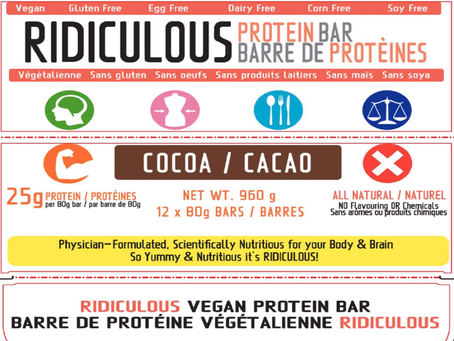 Ridiculous Protein Bar 80g each (BOX of 12) HIGH Protein LOW Carb Vegan Organic Superfood  * Gluten-Free  * Wheat-Free  * Soy-Free  * Egg-Free  * Dairy-Free  * Corn-Free  * Yeast-Free