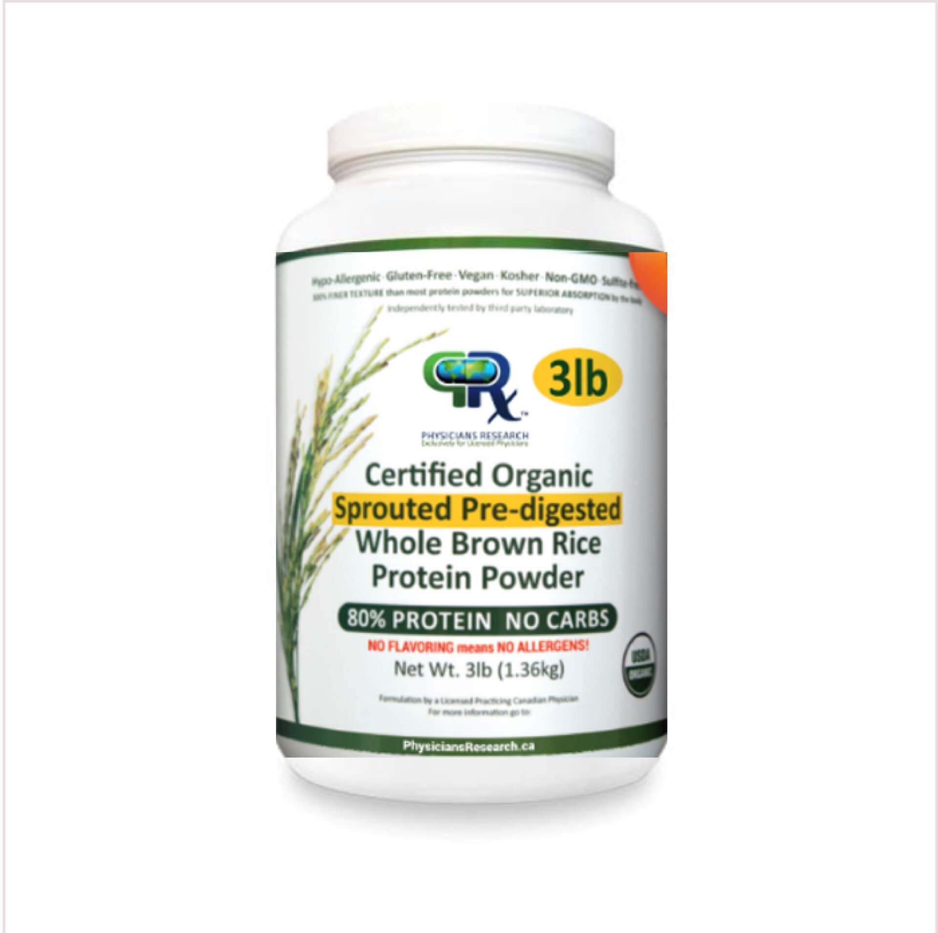 Brown Rice Protein: Certified Organic, 100% Organic Sprouted Pre-Digested Whole Brown Rice 80% Protein Unflavoured